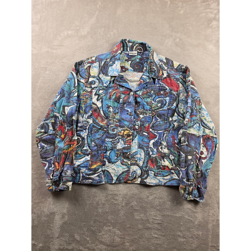 Chico's Denim Jacket Womens XL Blue Abstract Paisley Button Front Boho *Read
